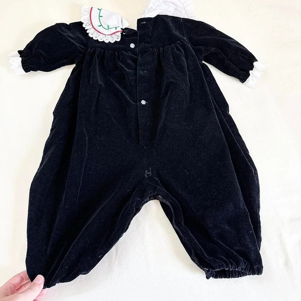 Vintage 90s size 6 to 9 months black velvet baby romper